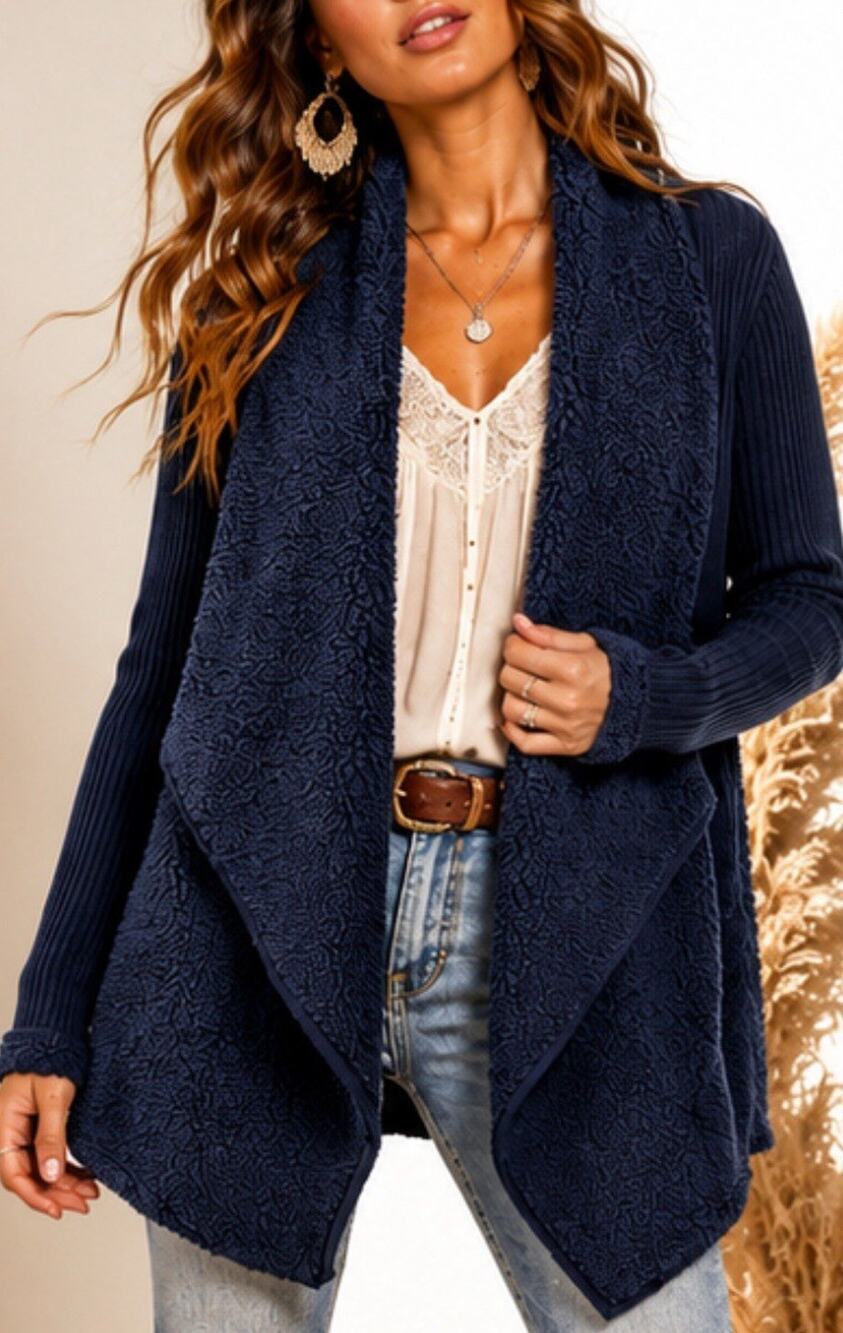 Splendid Navy Sherpa Fleece Draped Open Front Cardigan Jacket Women M Boho Cozy